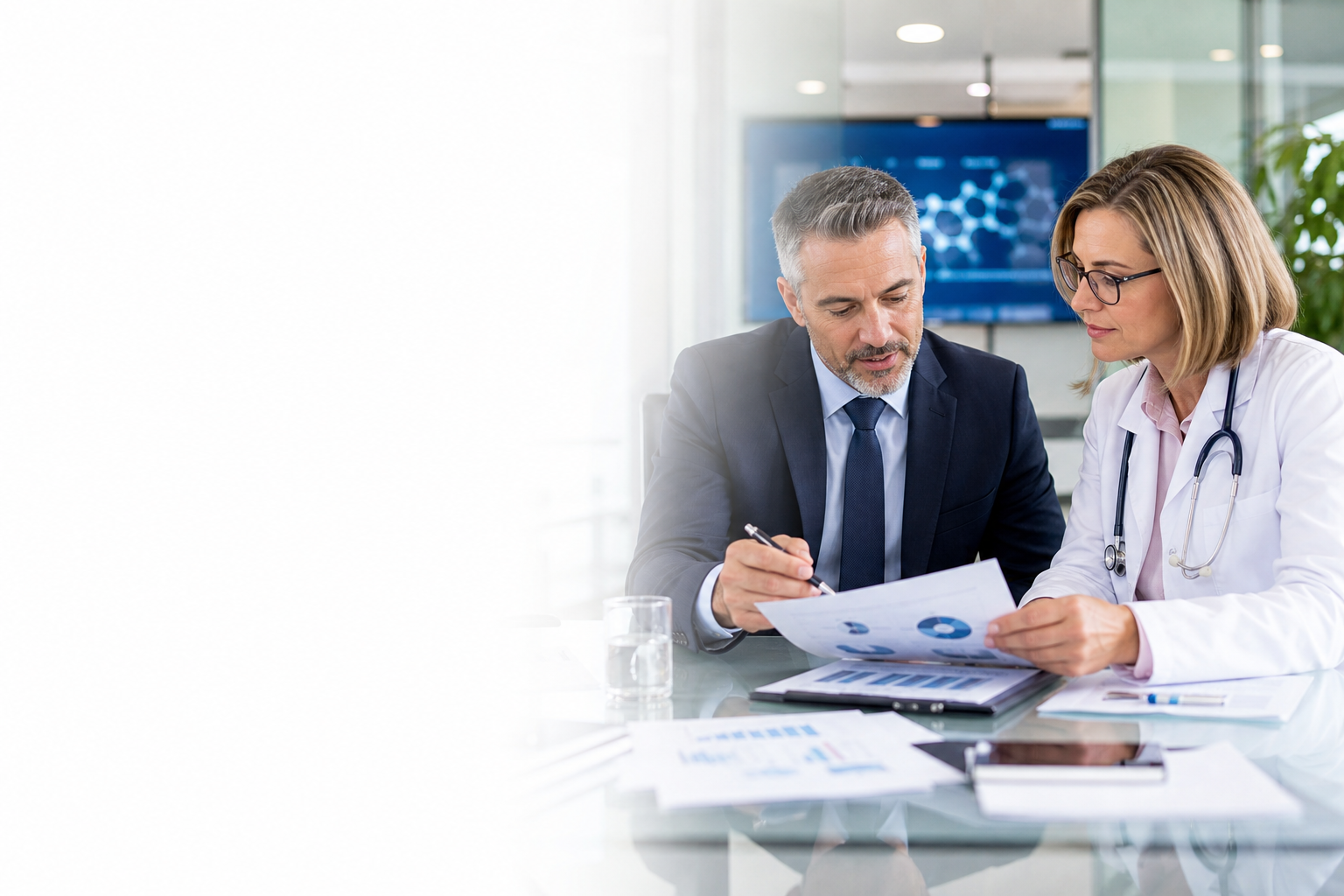 Business partners reviewing transparent pricing and planning